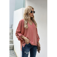 V Neck 3/4 Sleeve High Low Hem Shirt