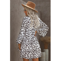 White Leopard Print V neck Ruffle Swing Mini Dress