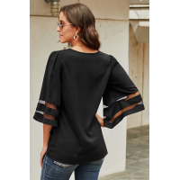 Black Flare Sleeve V Neck Button Up Blouse