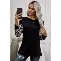 Black Crisscross V Neck Leopard Sleeve Blouse