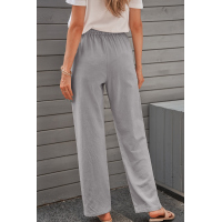 Gray Drawstring Elastic Waist Pockets Long Straight Legs Pants