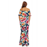 Navy Blue Roses Print Off-the-shoulder Maxi Dress