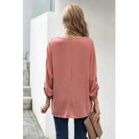 V Neck 3/4 Sleeve High Low Hem Shirt