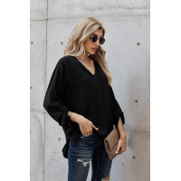 Black V Neck 3/4 Sleeve High Low Hem Shirt