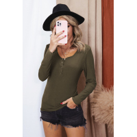 Green Scoop Neck Buttoned Front Long Sleeve Knitted Top