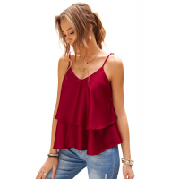 Red Spaghetti Straps Layered Ruffled Tank Top