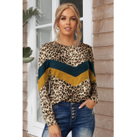 Chevron Colorblock Splicing Leopard Long Sleeve Top