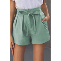 Green Tie Waist Casual Shorts with Pockets