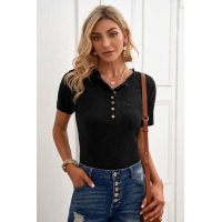 Black Buttoned Ribbed Knit Short Sleeve Top