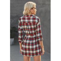 Red Plaid Buttoned Shirt Mini Dress with Waist Tie