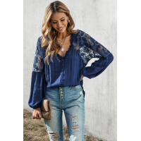 Blue V Neckline Lace Shoulder Patchwork Blouse