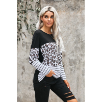 Leopard Striped Patchwork Long Sleeve Top with Pocket