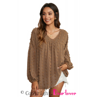 Brown V Neck Polka Dot Lantern Sleeve Top