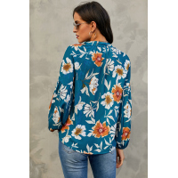 Blue Hues Of Autumn Floral Lantern Sleeve Blouse