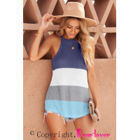 Blue Color Block Striped Knit Tank Top