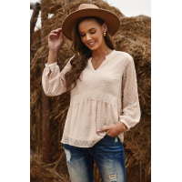 Beige V Neck Dotted Baby-doll Long Sleeve Top