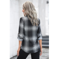 Black Plaid Button Shirt with Pockets