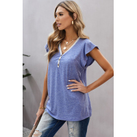 V Neck Buttoned Lace Trim Short Sleeve Tee