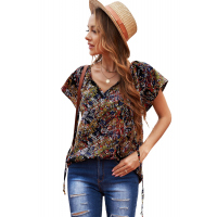 Multicolor V-neck Short Sleeve Fashion Print Fantasy Fluttering Blouse