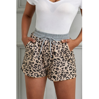 Khaki Leopard Print Drawstring Waist Shorts