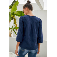 Blue Boho Embroidered V Neck 3/4 Sleeve Casual Blouse