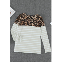 Leopard Print Splicing Apricot Striped Long Sleeve Top with Front Twist 