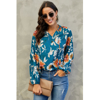 Blue Hues Of Autumn Floral Lantern Sleeve Blouse