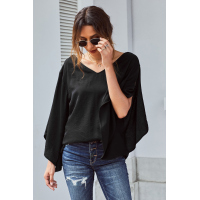 Black V-Neck Bowknot Three-Quarter Sleeve Blouse