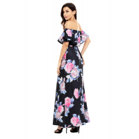 Flower Print Black Grounding Off Shoulder Long Boho Dress