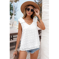 White Swiss Dot Woven Sleeveless Top With Ruffled Straps