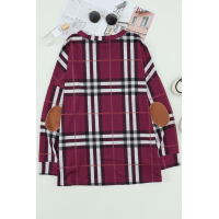 Plaid Pocketed Long Sleeve Top with Suede Elbow Patch