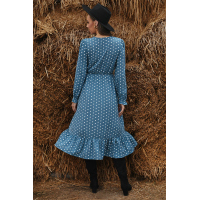 Blue Button Polka Dot High Slit Ruffled Midi Dress