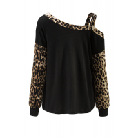 Dew Shoulder Leopard Stitching Long-sleeved Blouse