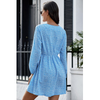 Sky Blue Printed V Neck Buttoned Long Sleeve Shirt Dress