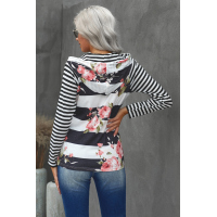 Black Floral Print Stripe Hooded Drawstring Long Sleeve Top