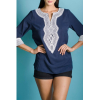 Blue Summer Boho Embroidered V Neck Loose Blouse