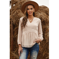 Beige V Neck Dotted Baby-doll Long Sleeve Top