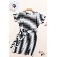 Black Stripes Pocketed T-shirt Dress with Belt