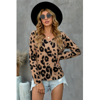 Brown Casual Leopard Print Long Sleeves T-shirt