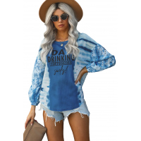 Sky Blue Letter Print Cut-out Tie Dye Lantern Long Sleeve Top