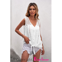 White Lace Tie Front Button Tank Top