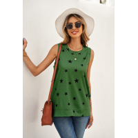 Green Star Print Knit Tank with Slits