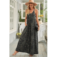 Green Leopard Sleeveless Cut-out Pocketed Maxi Dress