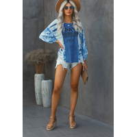 Sky Blue Letter Print Cut-out Tie Dye Lantern Long Sleeve Top