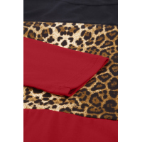 Burgundy Colorblock Leopard Patchwork Long Sleeve Top