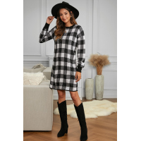 Black Gingham Balloon Sleeve Sweater Dress