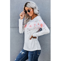 White Floral Striped Print Long Sleeve Top