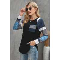 Black Color Block Striped Pocket Long Sleeve Top