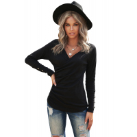 Black V Neck Ribbed Textured Pleated Top with Buttoned Long Sleeves