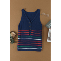 Blue V Neck Striped Pattern Knit Tank Top with Buttons